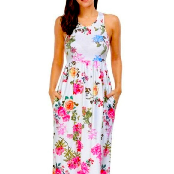 Lovely Fashion Small Festive Summer Fruit Floral Pockets Racerback Maxi Dress - Picture 1 of 11